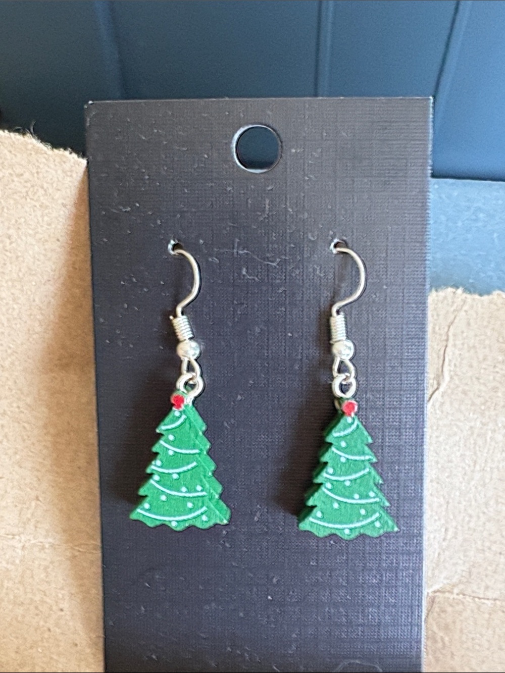 Wooden Green Christmas Tree Dangle Earrings